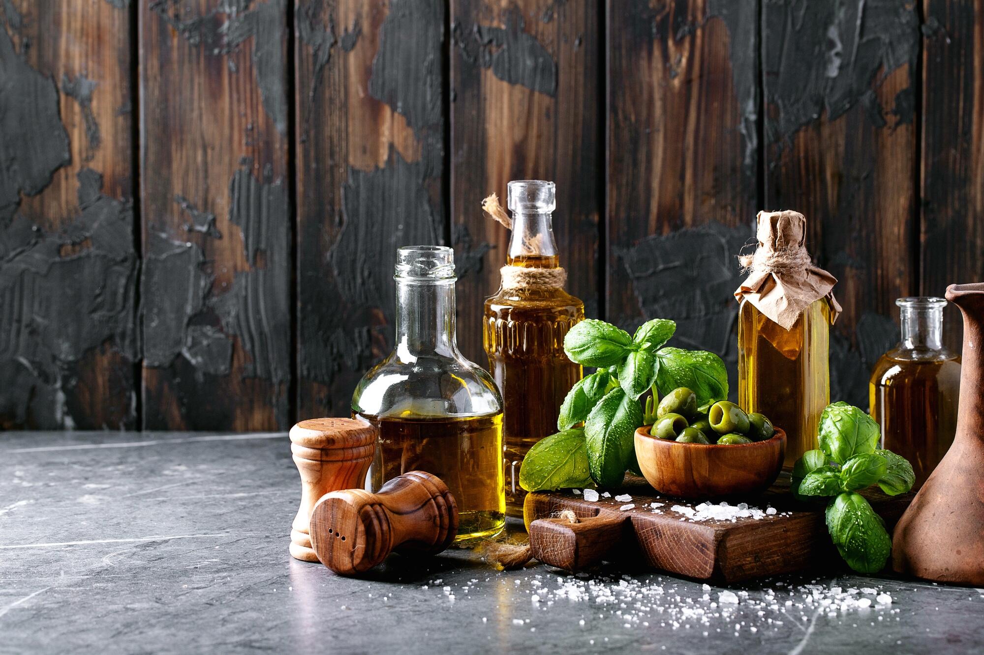 Olive oil in glass bottles